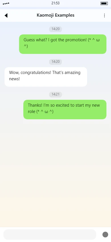 `;:゛;`;・(°ε° ) | flustered-blushing-face | Sharing good news about a promotion Usage Example Image