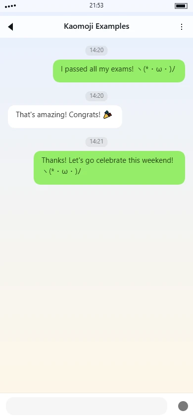 (⁀ᗢ⁀) | smiling-face-with-curved-cheeks | Friends celebrating exam success Usage Example Image